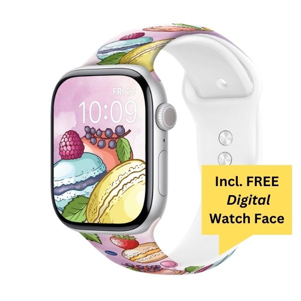 Parisian Macaron Treats Print | Silicone Watch Band for Apple Watch ® + Watch Face Incl.