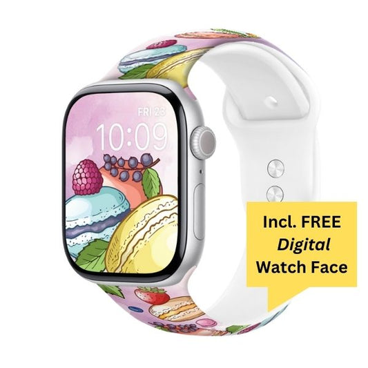 Parisian Macaron Treats Print | Silicone Watch Band for Apple Watch ® + Watch Face Incl.