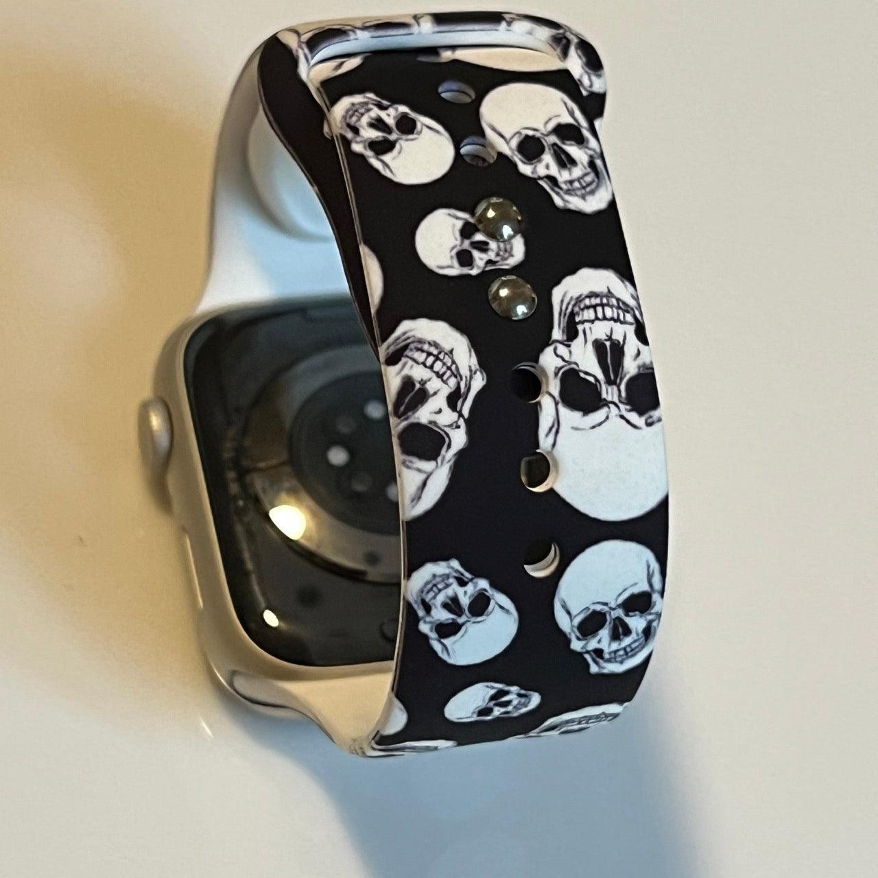 Apple Watch Bands -  Silicone Print -  Spooky - Black and White Skull Print Silicone Band - Clearance