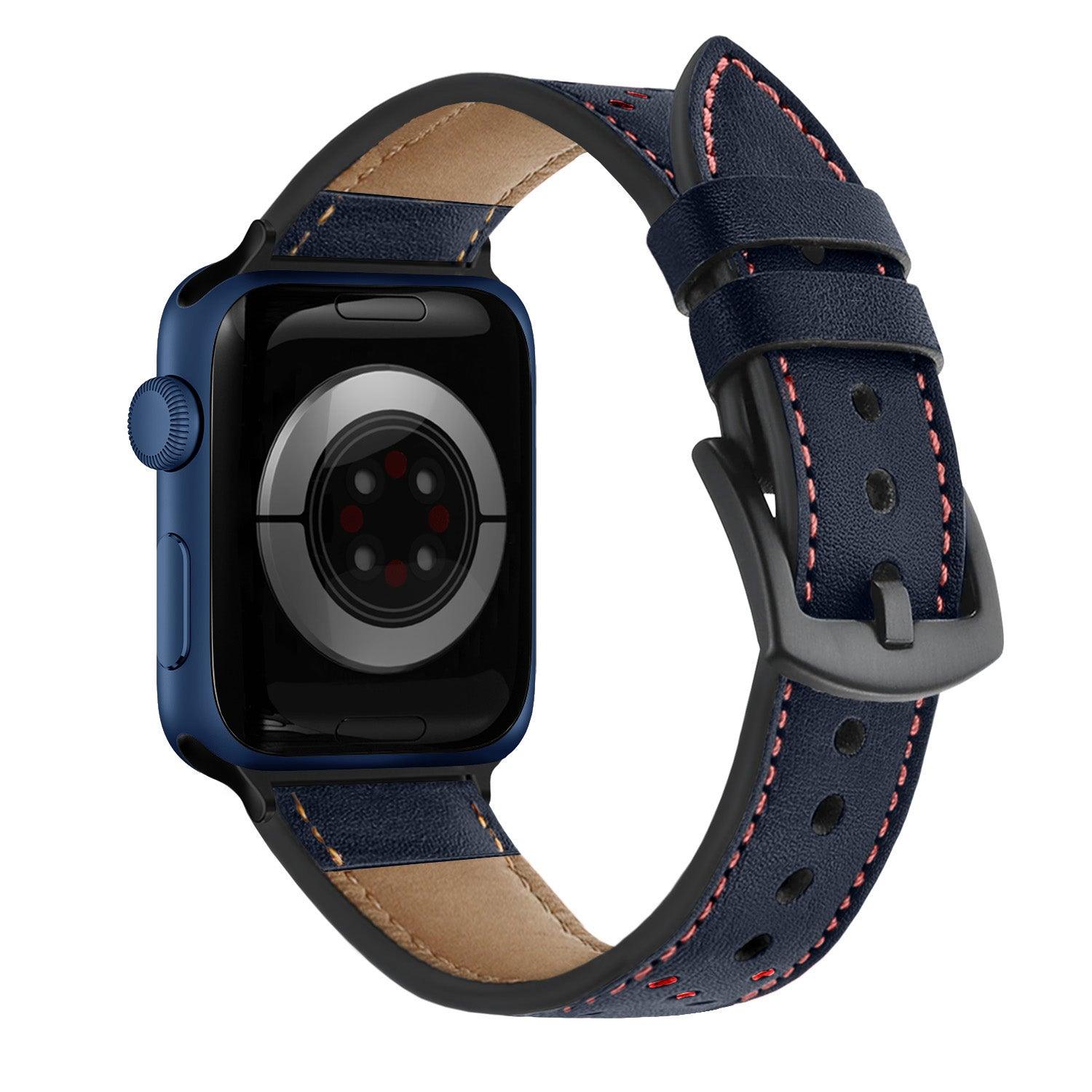 Apple Watch Bands -  Leather Band -  Leather Perforated Band, Midnight Blue-Red