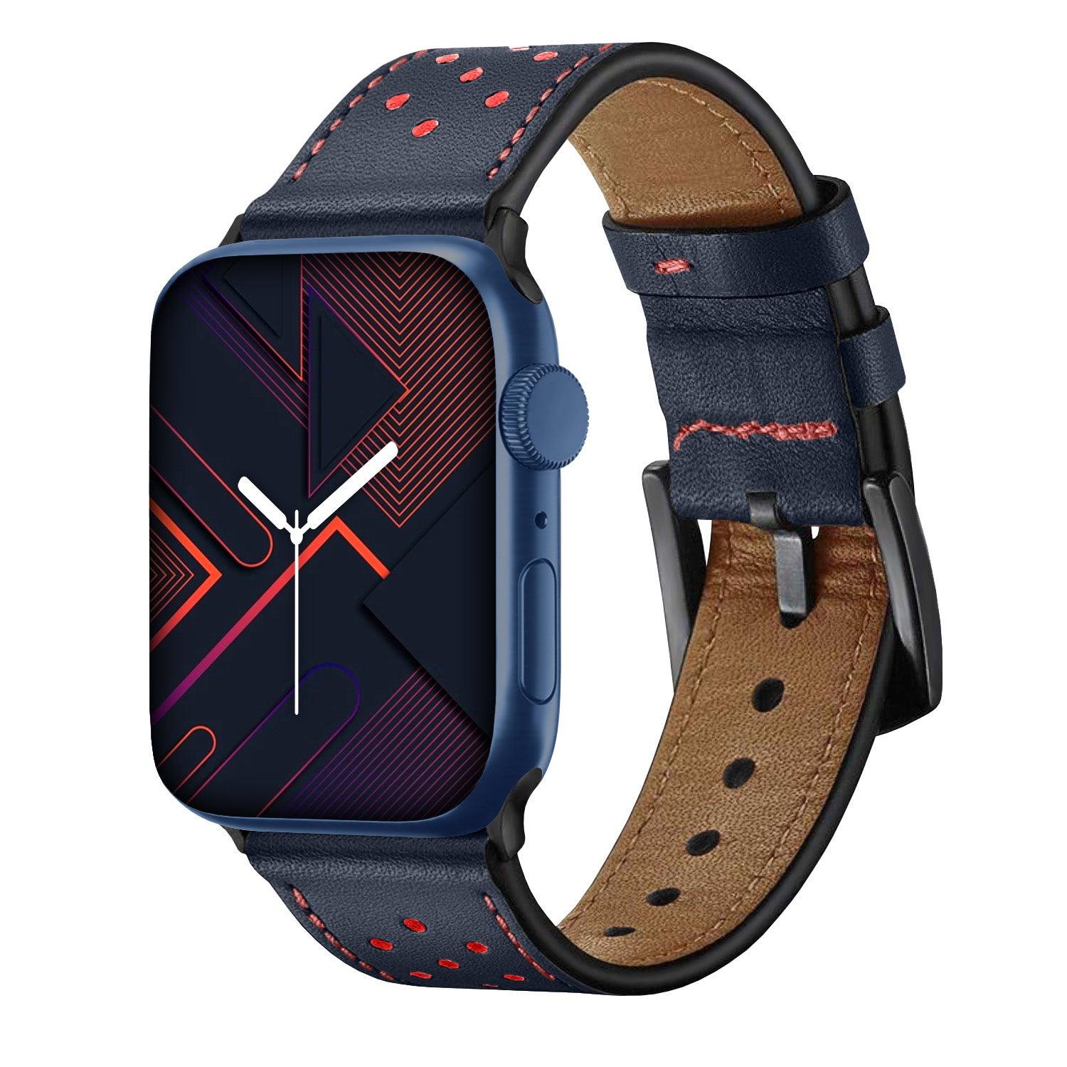 Apple Watch Bands -  Leather Band -  Leather Perforated Band, Midnight Blue-Red